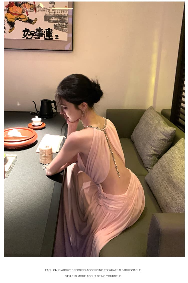 프랑스식 품격 행침 목 다이아몬드 세팅 백리스 해변가 휴가 생일 파티 요정 가스 롱 스커트 상세 이미지 19