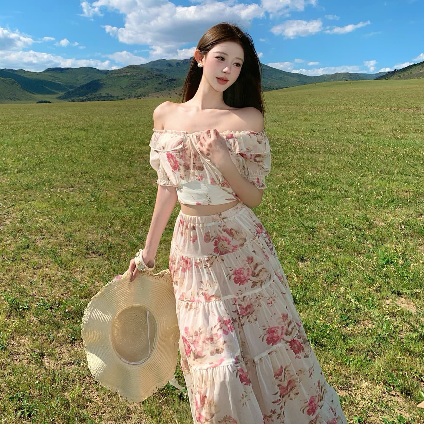프랑스식 휴가 바람 꽃무늬 세트 여성 순수한 욕망 부드러운 오프숄더 맨위 대 치마 반신 스커트 분위기 센스 롱 스커트 이미지 5