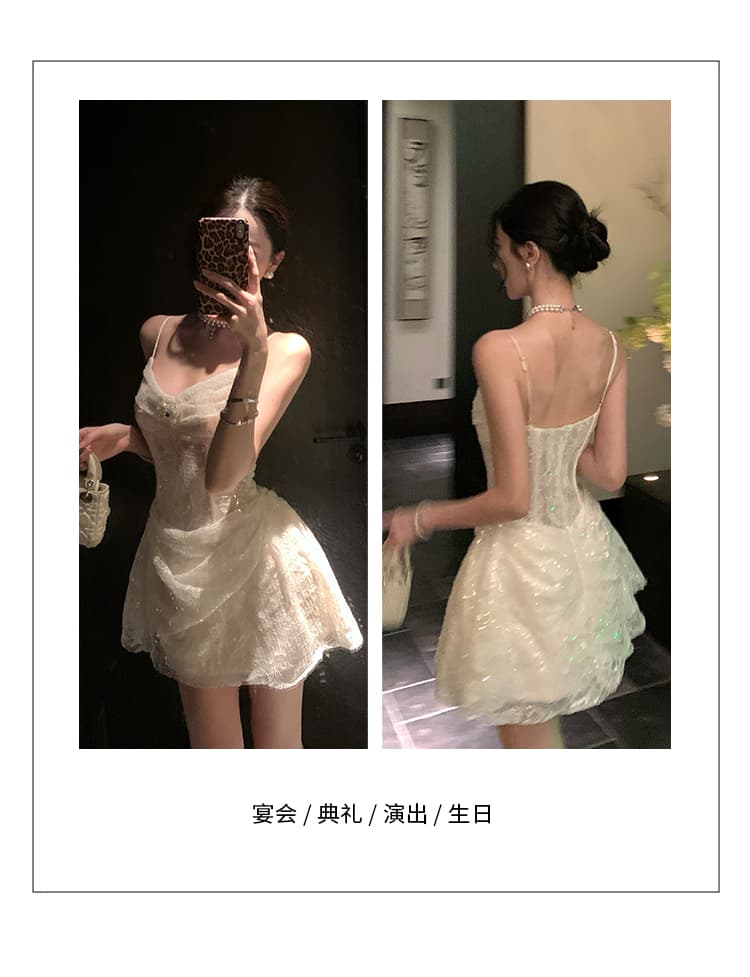 빛 럭셔리 작은 대중 프랑스식 생선뼈 레이스 스팽글 고급 센스 쇼트 스타일 공주 치마 장식품 상세 이미지 3