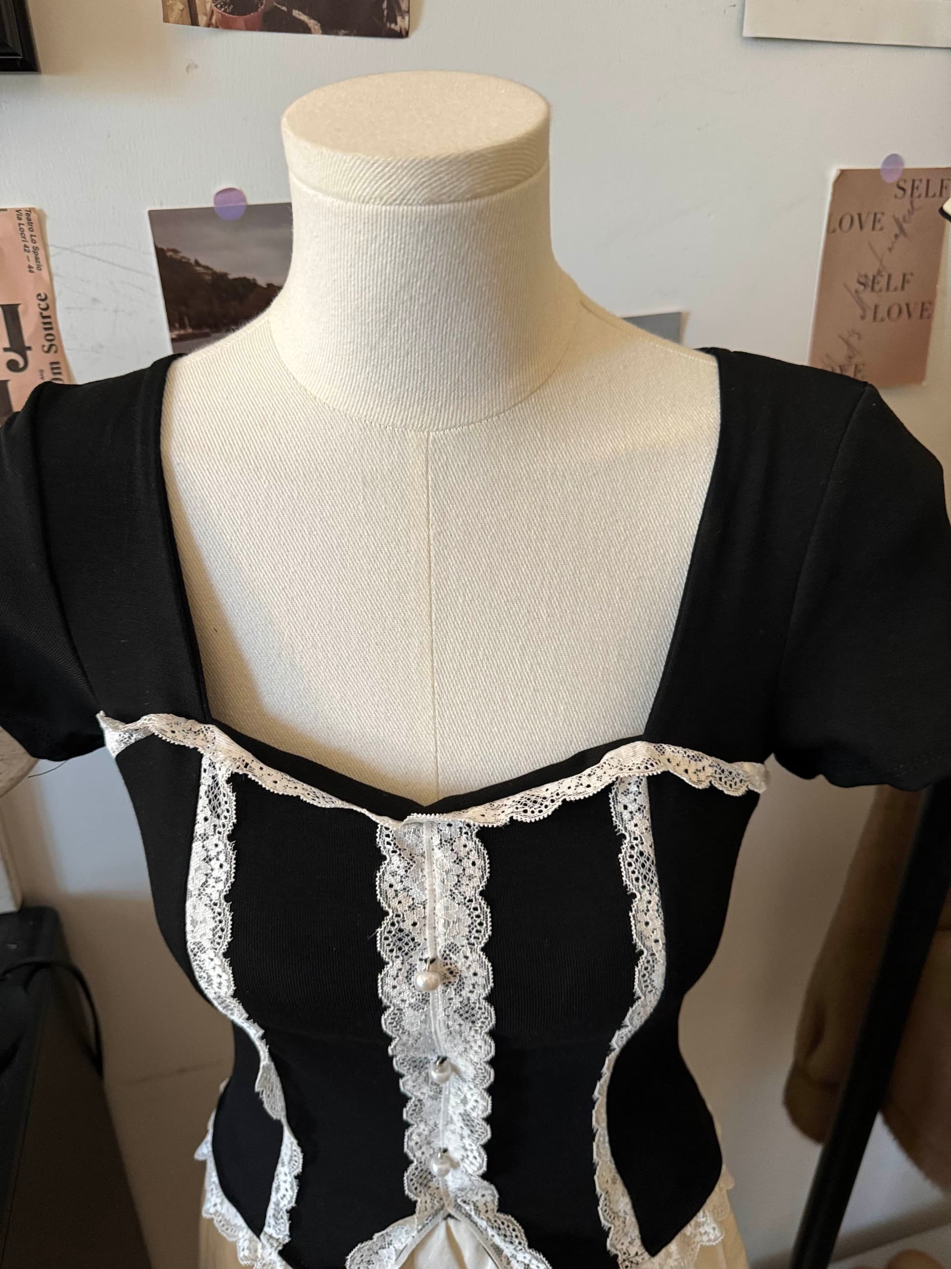 실사 순수한 욕망 핫걸 광장 칼라 레이스 레이스 반팔 티셔츠 여성 여름 섹시함 이슬 쇄골 슬림해 보이는 맨위 상세 이미지 6