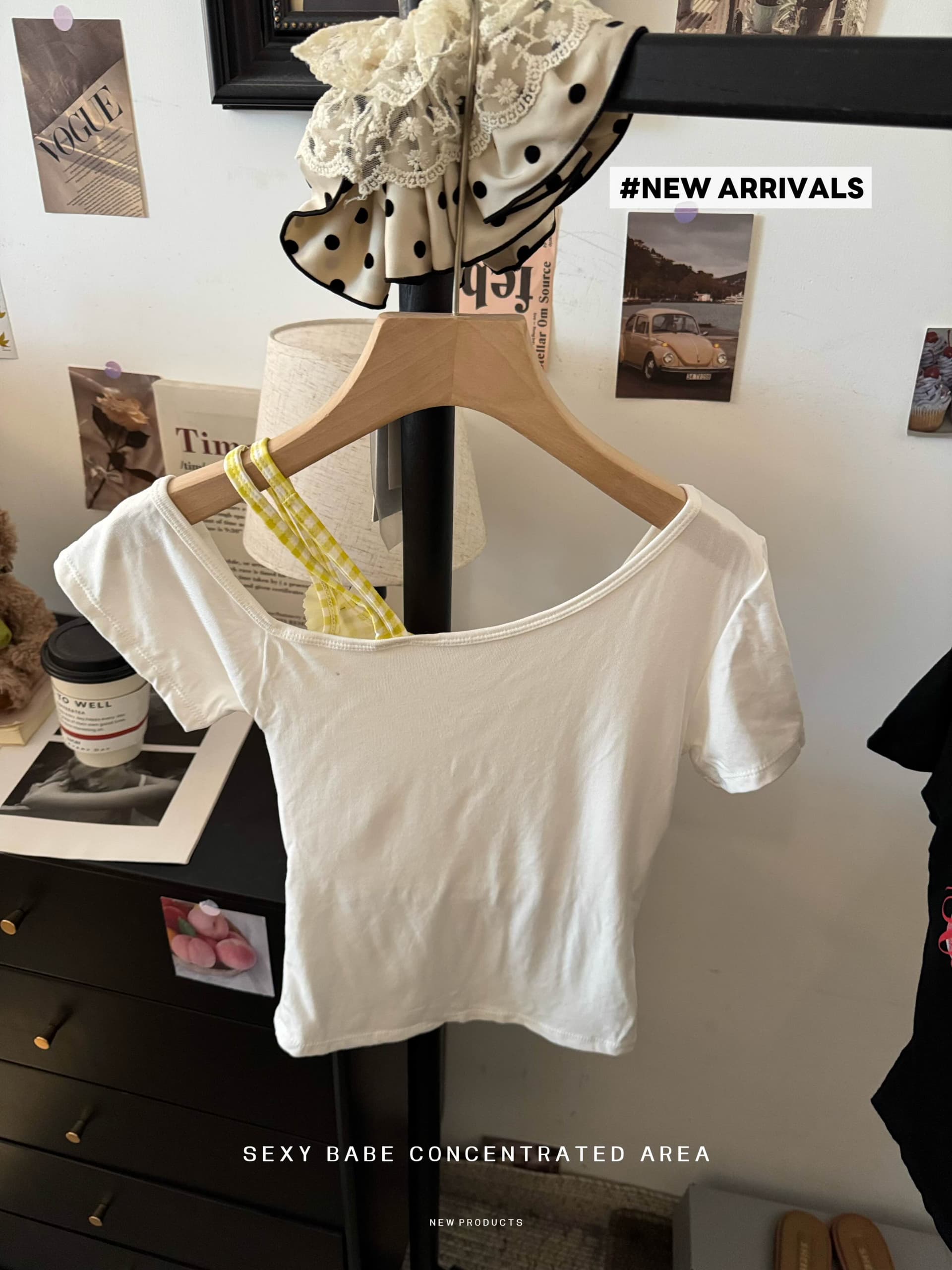 실사 한 부서 chic 체크무늬 꽃 페이크 레이어드 슬립 반팔 티셔츠 소녀 여름 오프숄더 맨위 상세 이미지 3