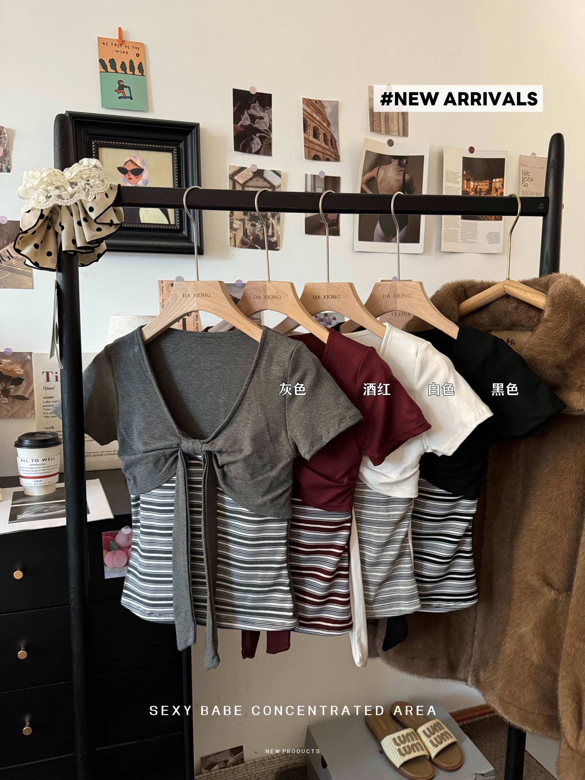 실사 한 부서 스트라이프 페이크 레이어드 V넥 회색 반팔 티셔츠 여성 여름 달콤함 몸매 가꾸기 슬림해 보이는 나비 매듭 맨위 상세 이미지 1