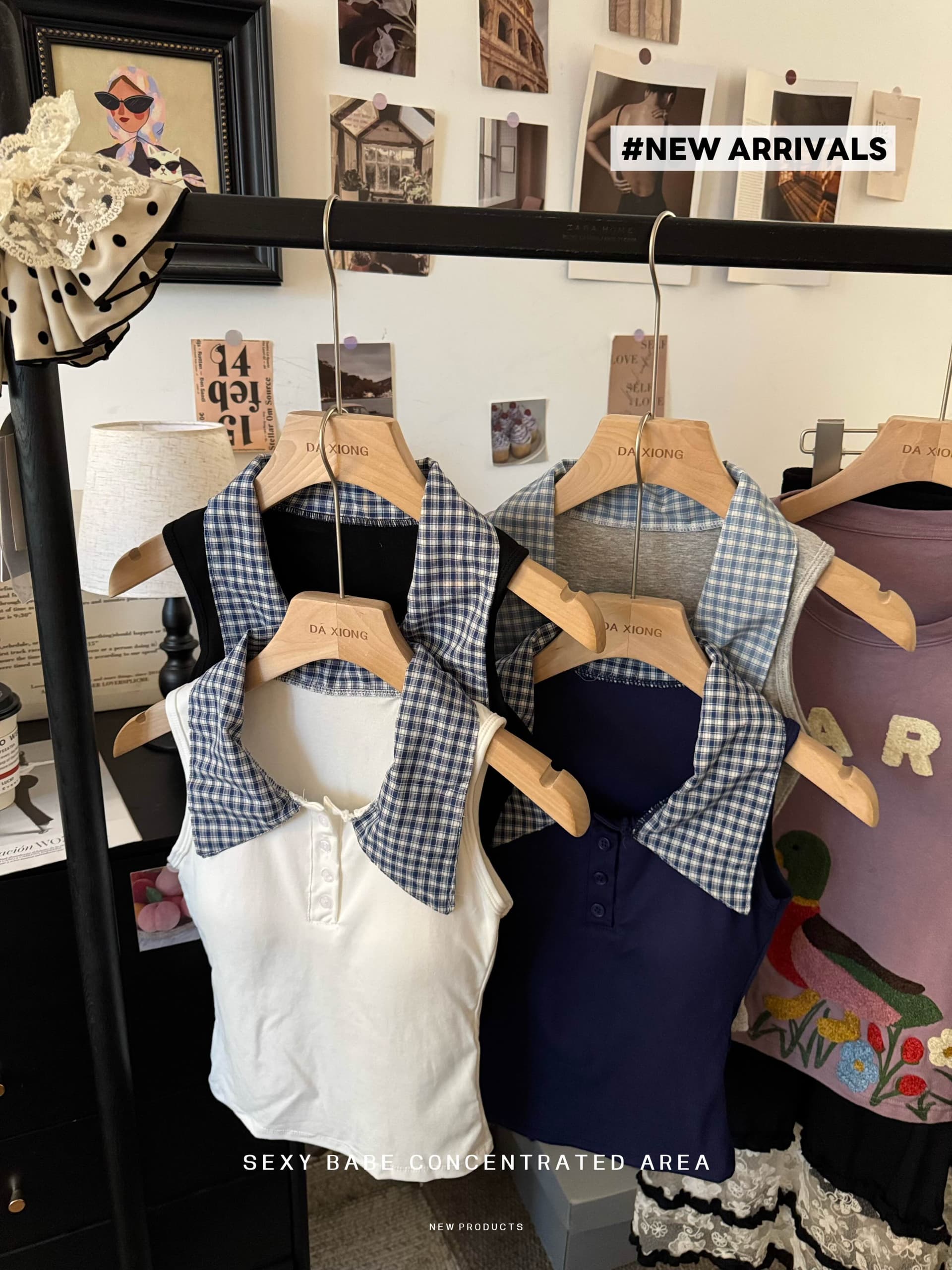 실사 한 부서 체크무늬 POLO 칼라 폴로 칼라 민소매 조끼 여성 몸매 가꾸기 벨트 가슴 패드 슬림해 보이는 다용도 페이크 레이어드 맨위 상세 이미지 2