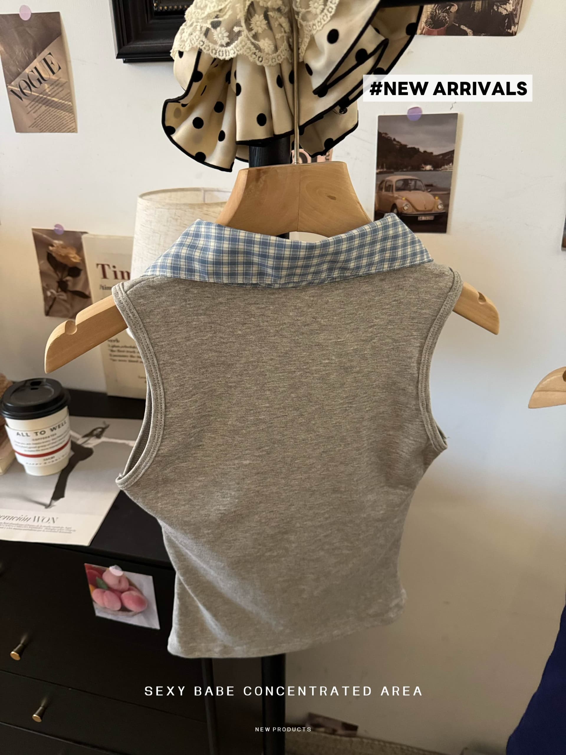 실사 한 부서 체크무늬 POLO 칼라 폴로 칼라 민소매 조끼 여성 몸매 가꾸기 벨트 가슴 패드 슬림해 보이는 다용도 페이크 레이어드 맨위 상세 이미지 3
