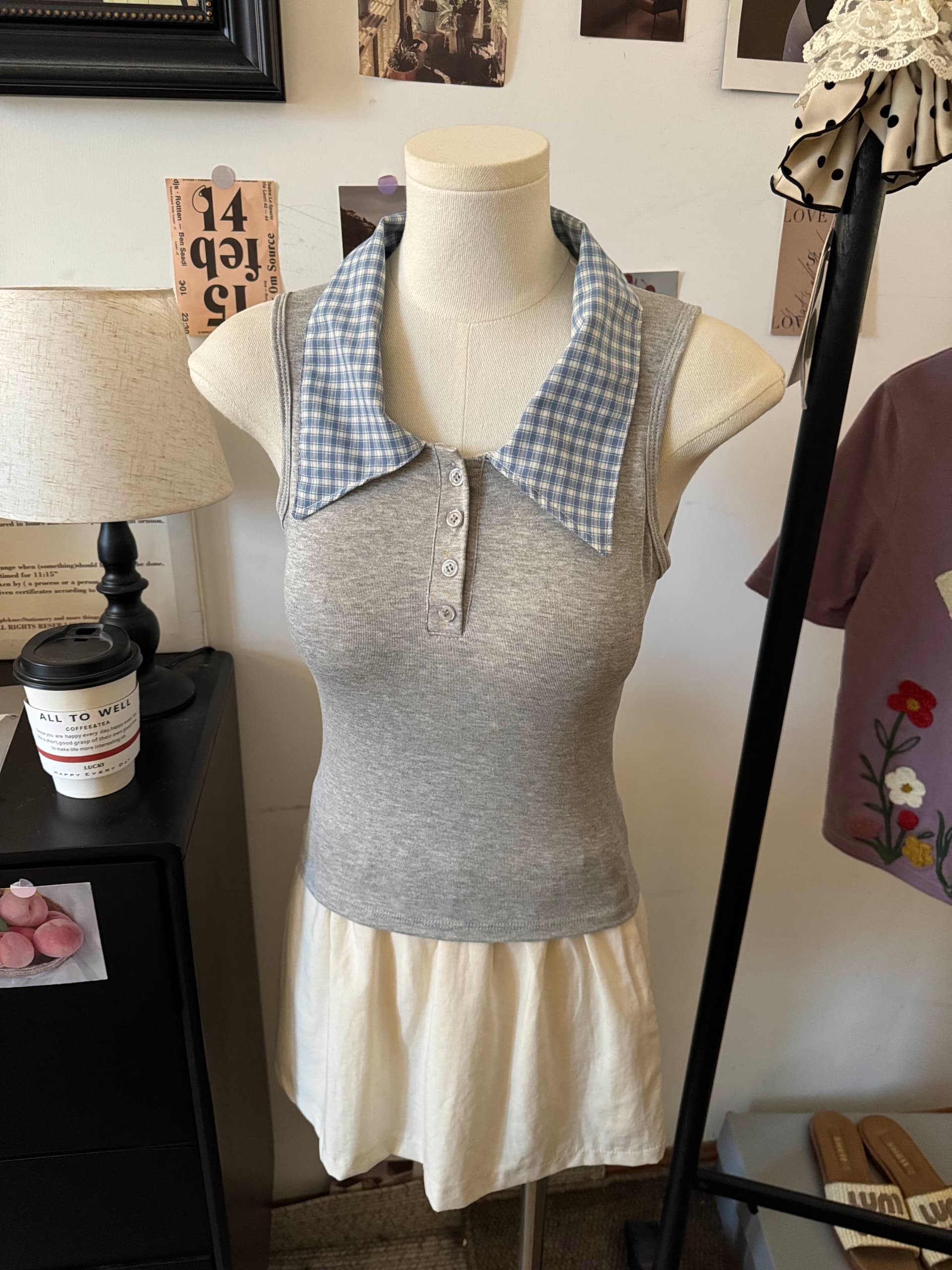 실사 한 부서 체크무늬 POLO 칼라 폴로 칼라 민소매 조끼 여성 몸매 가꾸기 벨트 가슴 패드 슬림해 보이는 다용도 페이크 레이어드 맨위 상세 이미지 5