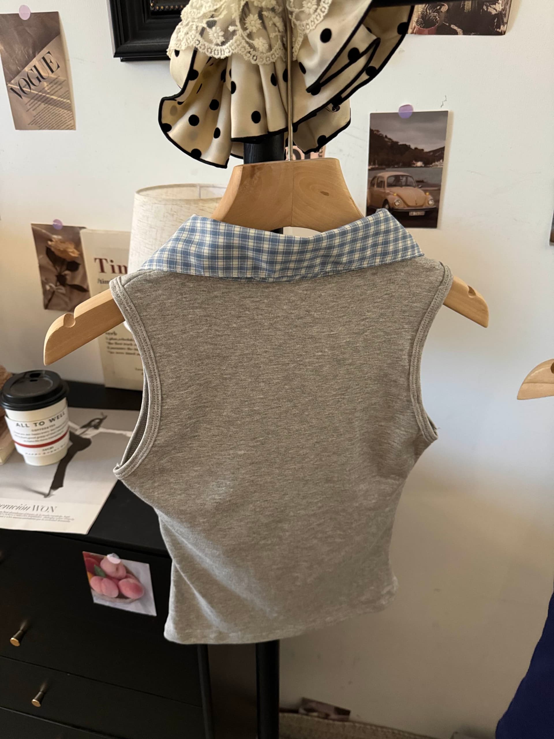 실사 한 부서 체크무늬 POLO 칼라 폴로 칼라 민소매 조끼 여성 몸매 가꾸기 벨트 가슴 패드 슬림해 보이는 다용도 페이크 레이어드 맨위 상세 이미지 12
