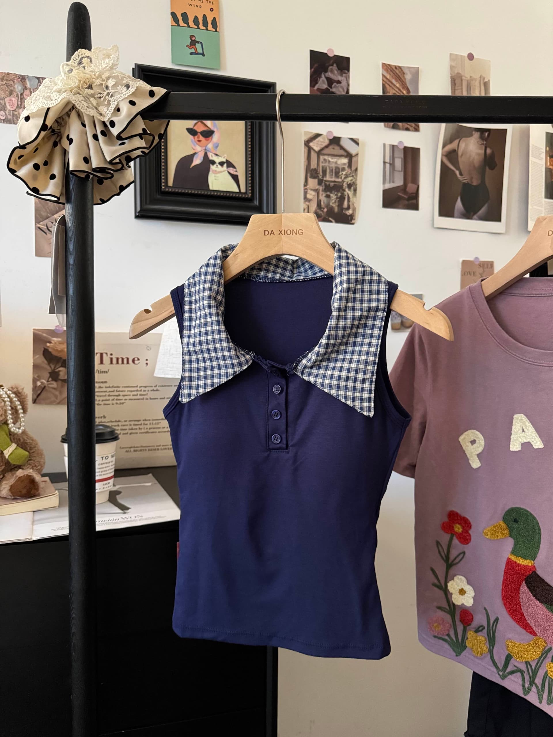 실사 한 부서 체크무늬 POLO 칼라 폴로 칼라 민소매 조끼 여성 몸매 가꾸기 벨트 가슴 패드 슬림해 보이는 다용도 페이크 레이어드 맨위 상세 이미지 13