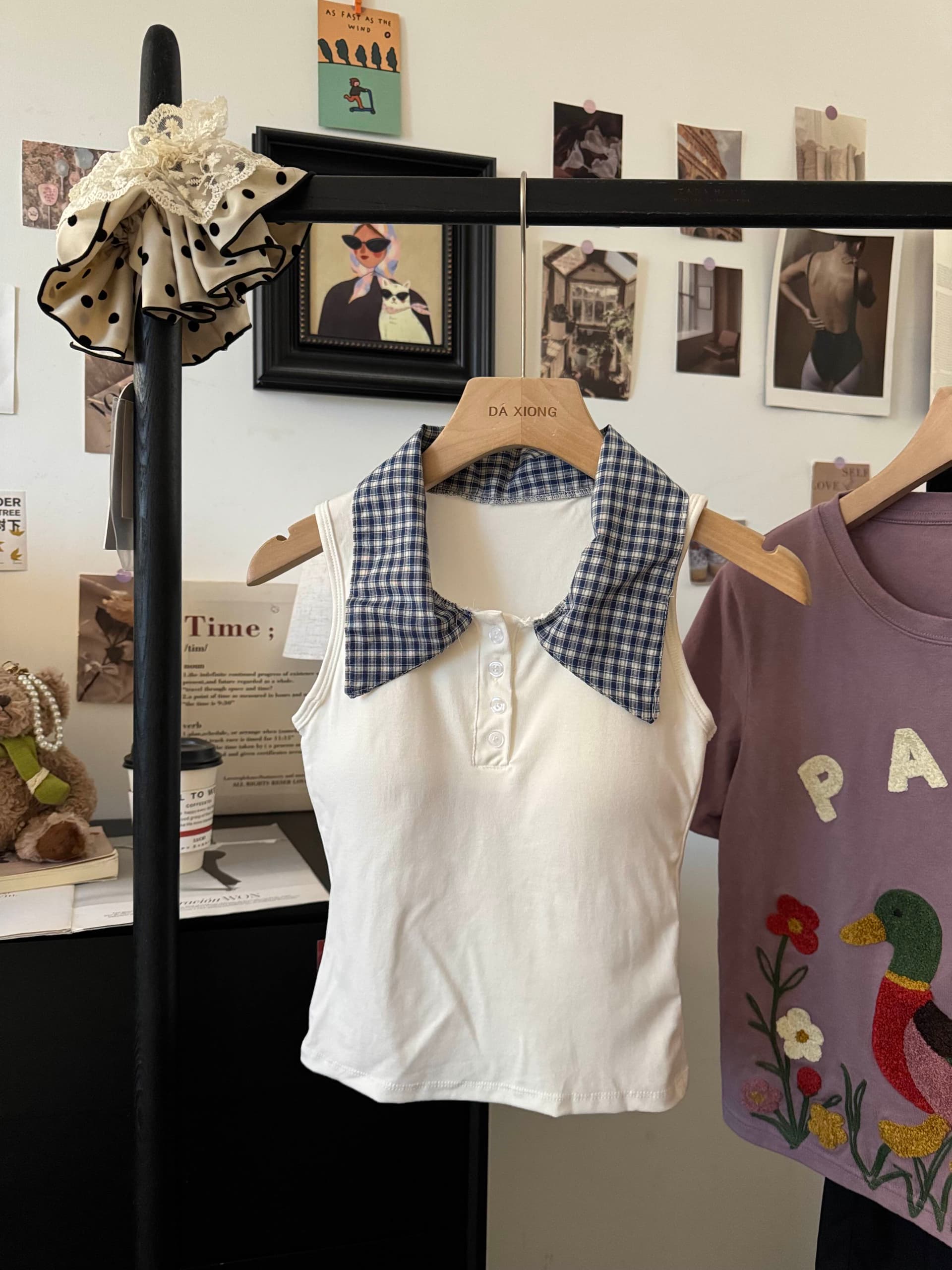 실사 한 부서 체크무늬 POLO 칼라 폴로 칼라 민소매 조끼 여성 몸매 가꾸기 벨트 가슴 패드 슬림해 보이는 다용도 페이크 레이어드 맨위 상세 이미지 16