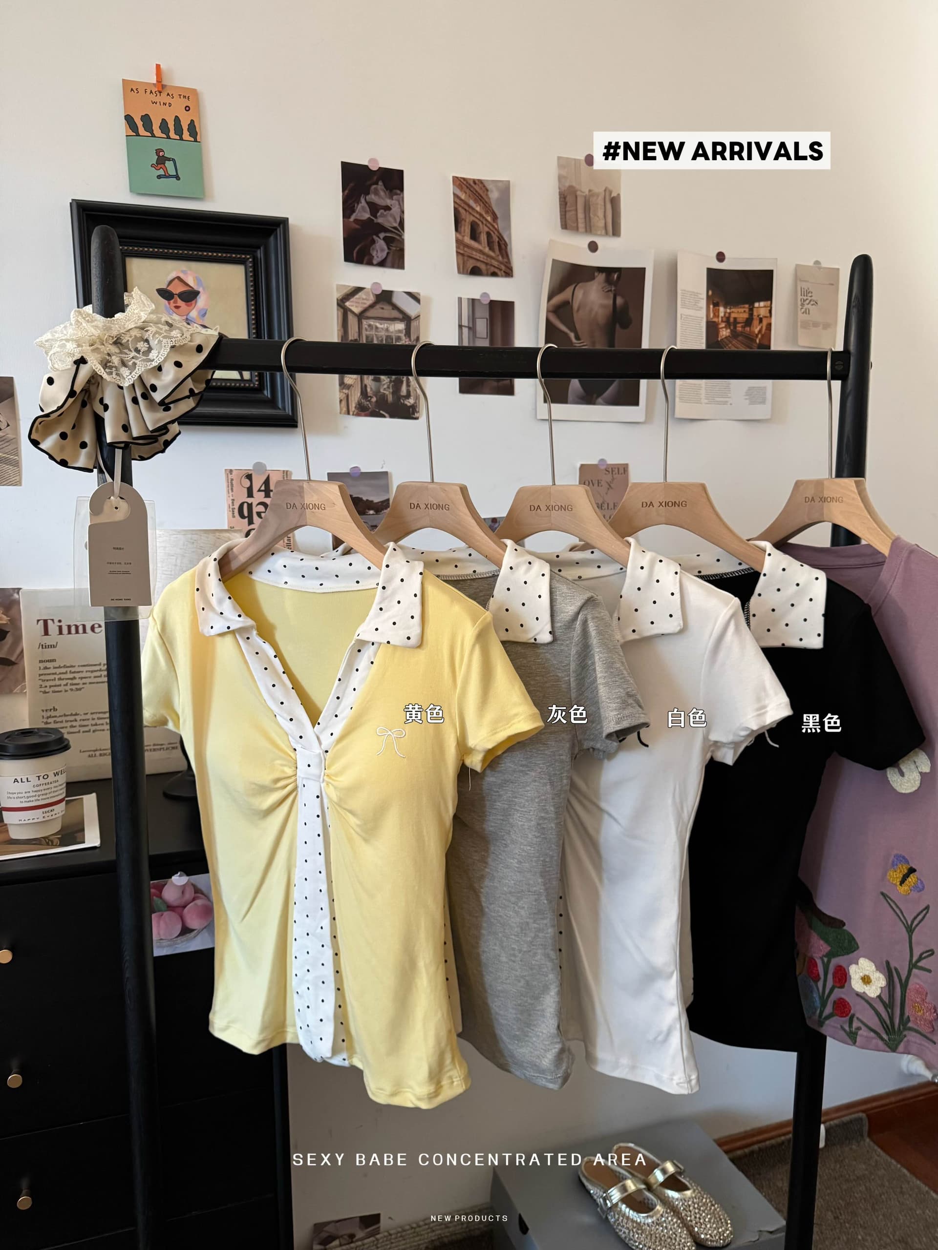 실사 새로운 다용도 디자인 센스 여성 의류 여름 쇼트 스타일 미니멀리즘 탑 옷깃 도트 무늬 넥타이 반팔 티셔츠