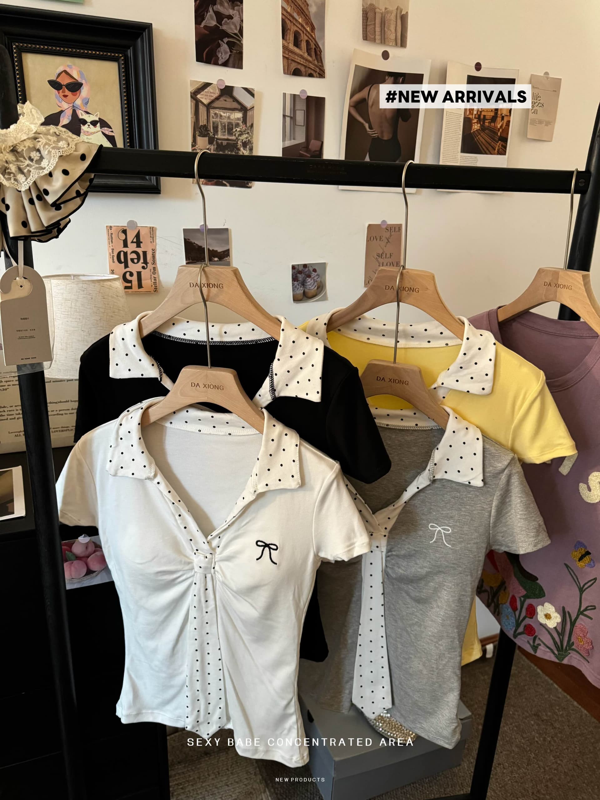 실사 새로운 다용도 디자인 센스 여성 의류 여름 쇼트 스타일 미니멀리즘 탑 옷깃 도트 무늬 넥타이 반팔 티셔츠 이미지 3