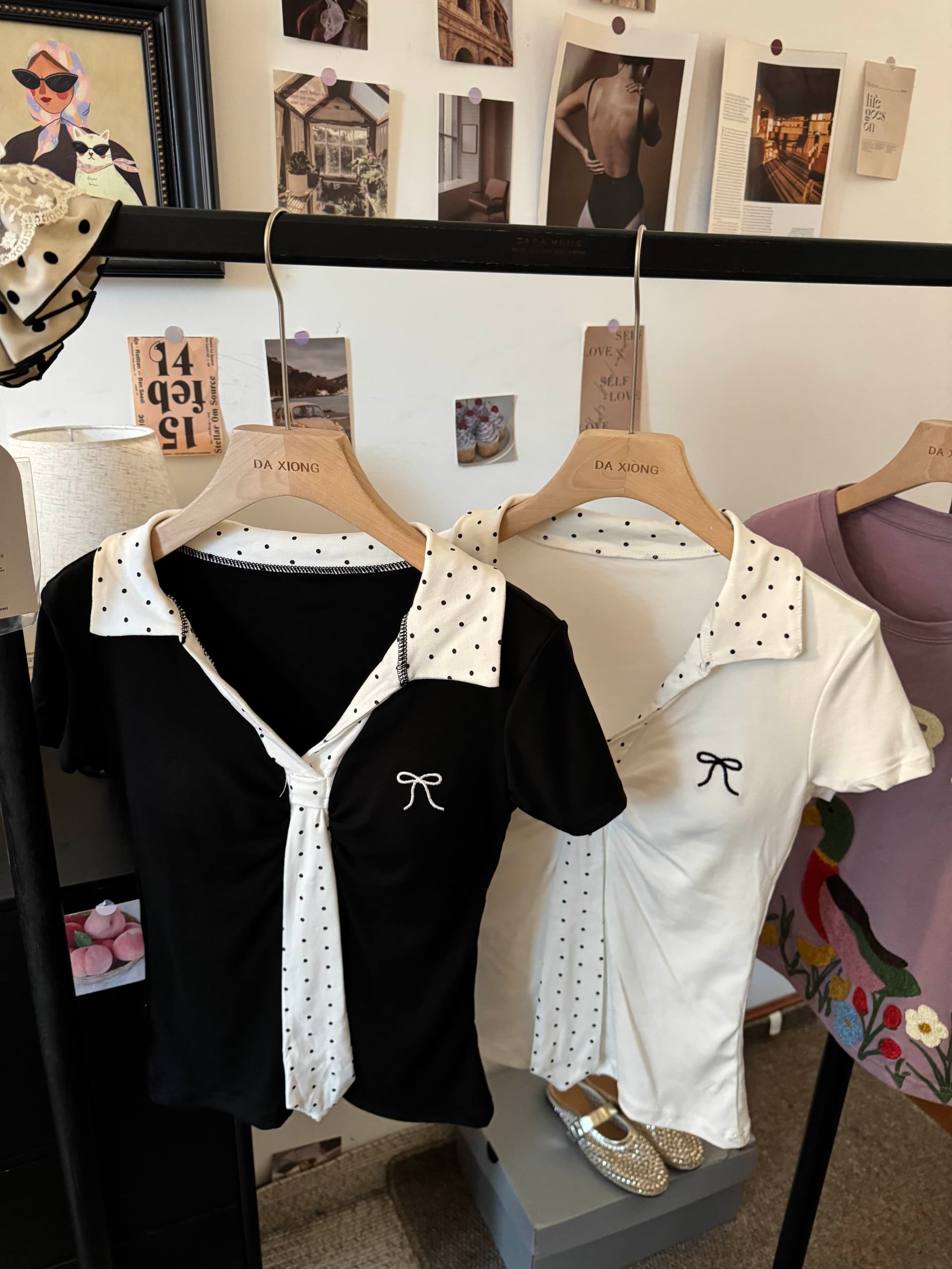 실사 새로운 다용도 디자인 센스 여성 의류 여름 쇼트 스타일 미니멀리즘 탑 옷깃 도트 무늬 넥타이 반팔 티셔츠 상세 이미지 10