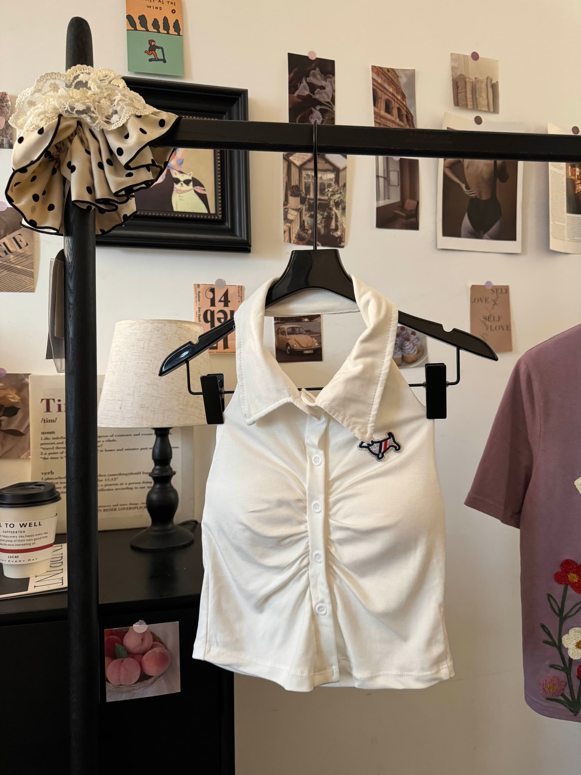 실사 학원 스타일 POLO 칼라 스트라이프 행침 목 인사이드 가져 가라. 캐미솔 외출용 여름 자수 만화 민소매 맨위 상세 이미지 14