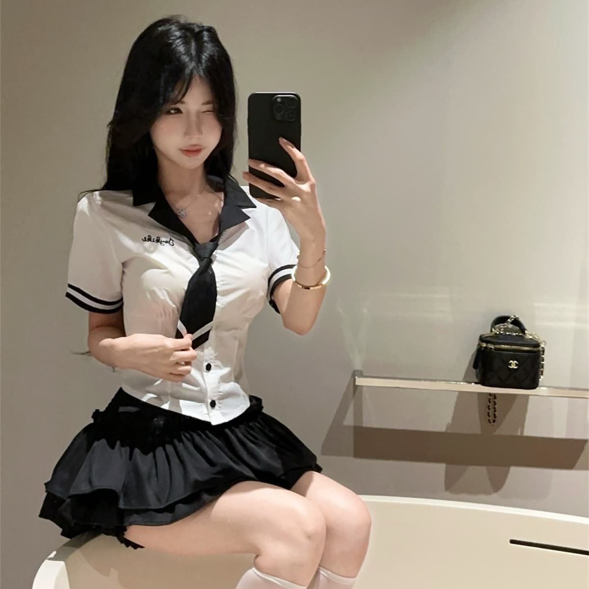 실사 정가 학원 스타일 jk 유니폼 세트 핫걸 반팔 넥타이 셔츠 퍼프 케이크 바지 치마 투피스 세트 이미지 4