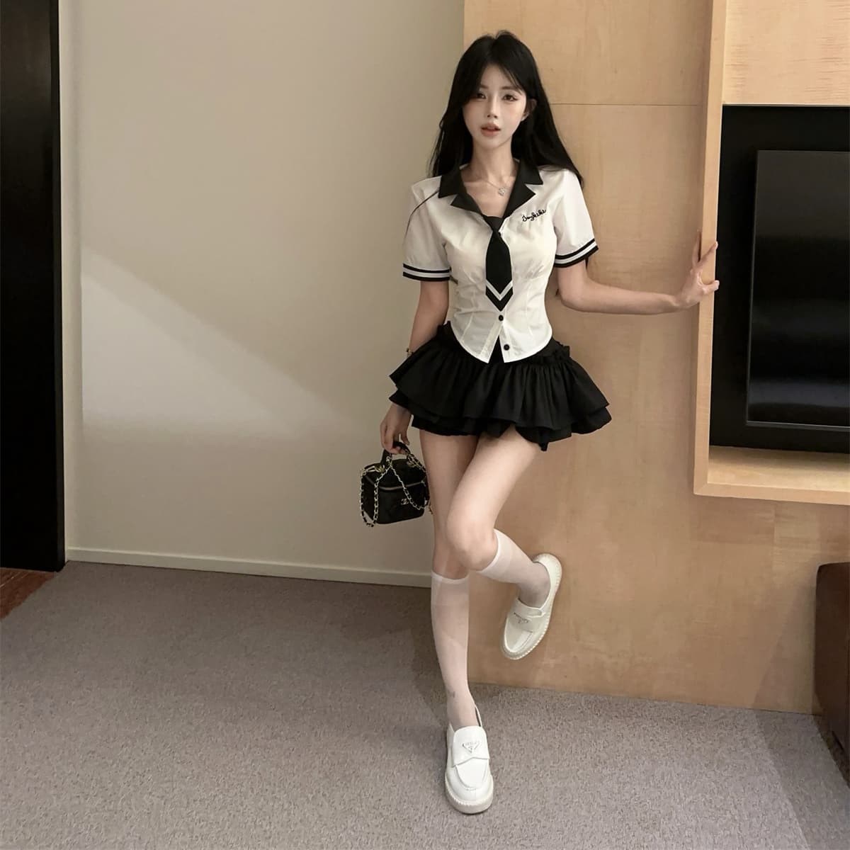 실사 정가 학원 스타일 jk 유니폼 세트 핫걸 반팔 넥타이 셔츠 퍼프 케이크 바지 치마 투피스 세트 이미지 5