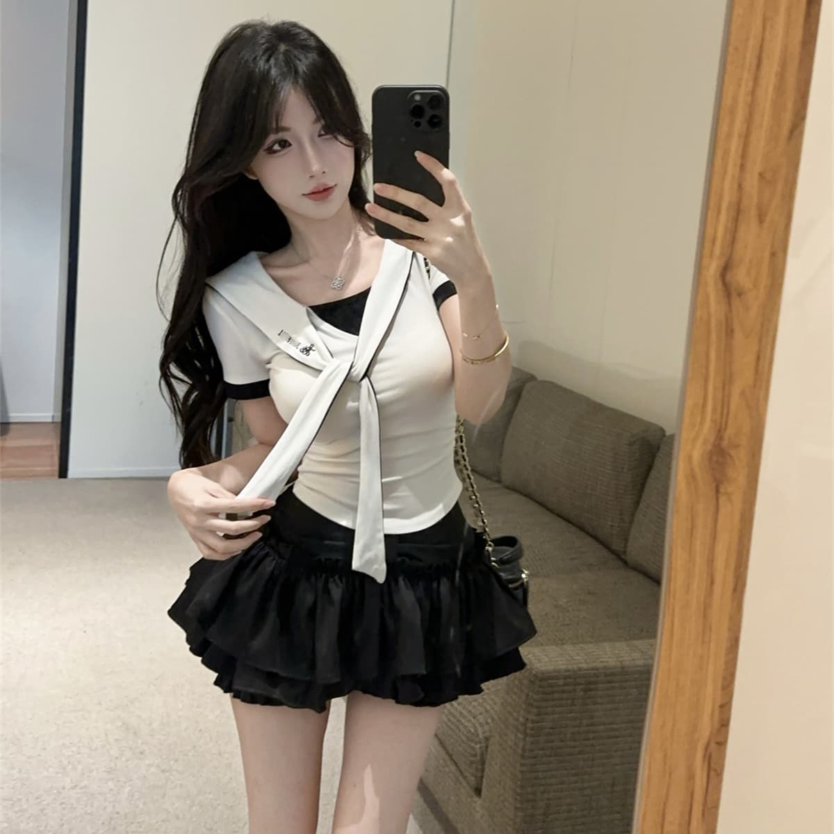 실사 정가 학원 스타일 jk 유니폼 세트 페이크 레이어드 연령 감소 반팔 슬림해 보이는 맨위 하이웨이스트 퍼프 반신 스커트 이미지 3