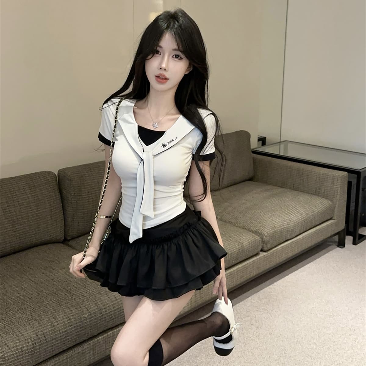 실사 정가 학원 스타일 jk 유니폼 세트 페이크 레이어드 연령 감소 반팔 슬림해 보이는 맨위 하이웨이스트 퍼프 반신 스커트 상세 이미지 2