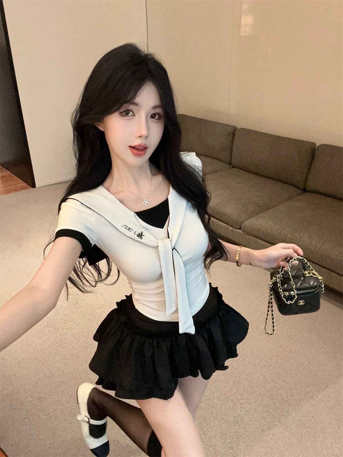 실사 정가 학원 스타일 jk 유니폼 세트 페이크 레이어드 연령 감소 반팔 슬림해 보이는 맨위 하이웨이스트 퍼프 반신 스커트 상세 이미지 12