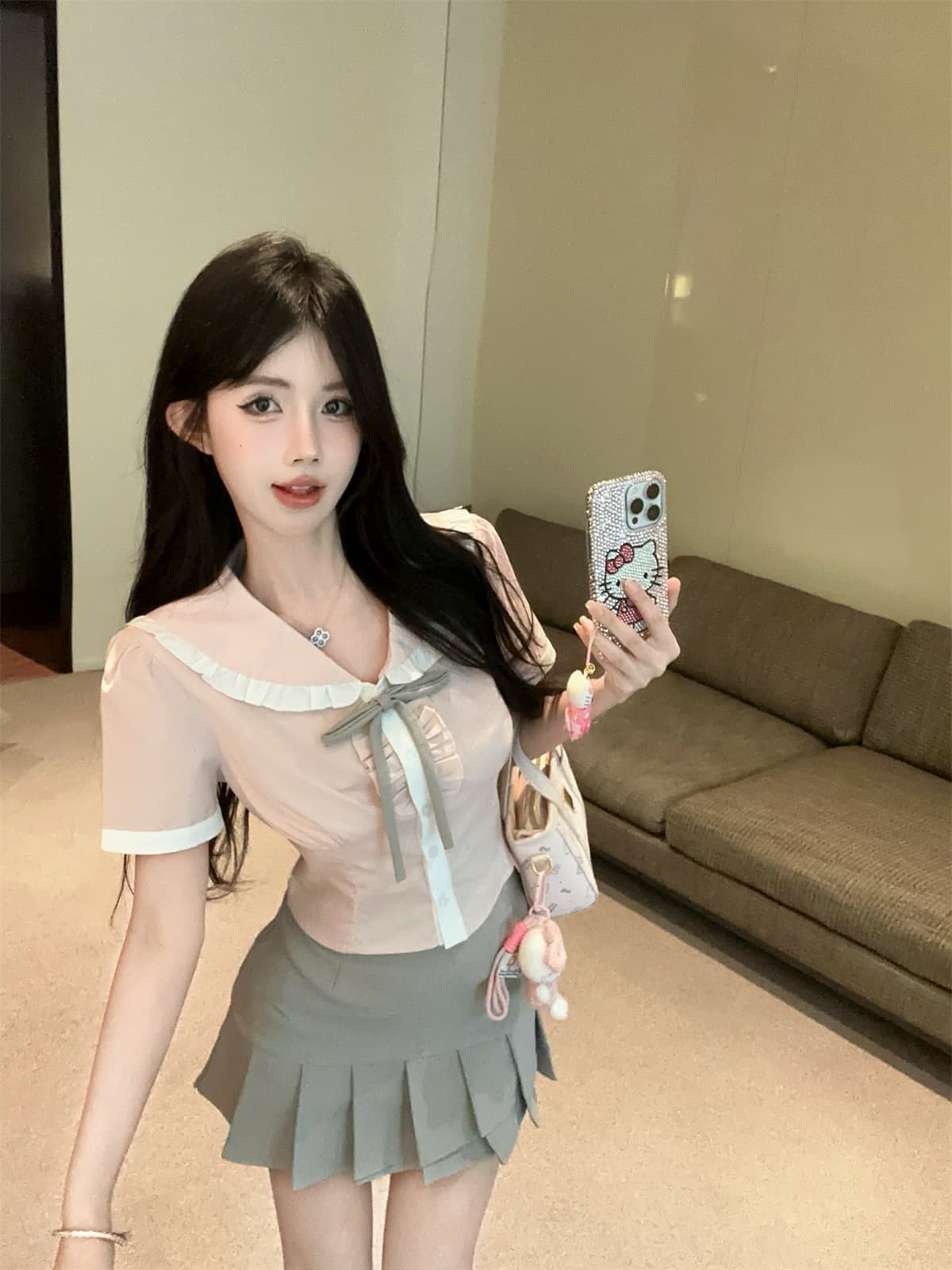 실사 정가 학원 스타일 jk 유니폼 세트 달콤함 슬림해 보이는 반팔 셔츠 핫걸 하이웨이스트 미니 스커트 투피스 세트 상세 이미지 7