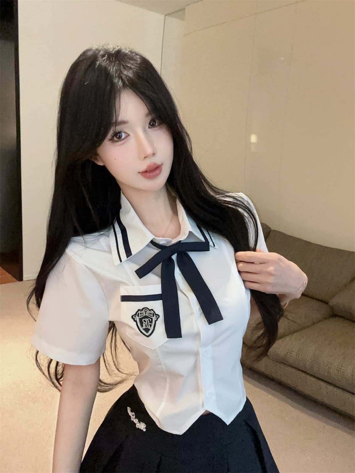 실사 학원 스타일 jk 세트 핫걸 유니폼 반팔 나비 넥타이 셔츠 하이웨이스트 플리츠 미니 스커트 반신 스커트 투피스 세트 상세 이미지 4
