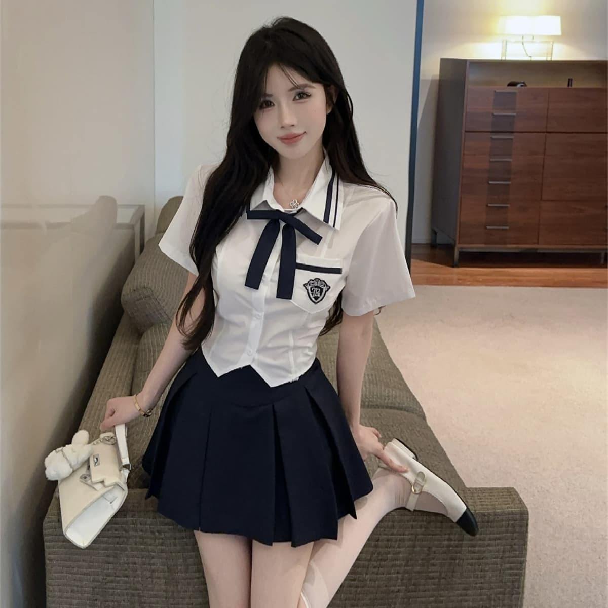 실사 학원 스타일 jk 세트 핫걸 유니폼 반팔 나비 넥타이 셔츠 하이웨이스트 플리츠 미니 스커트 반신 스커트 투피스 세트 상세 이미지 13