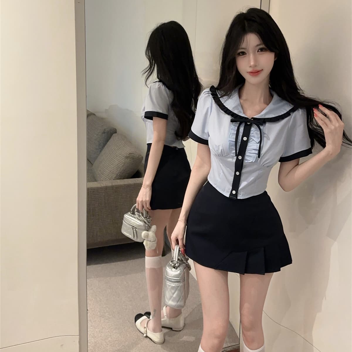 실사 정가 학원 스타일 jk 유니폼 핫걸 세트 작은 키 슬림해 보이는 반팔 셔츠 하이웨이스트 미니 스커트 투피스 세트 이미지 3