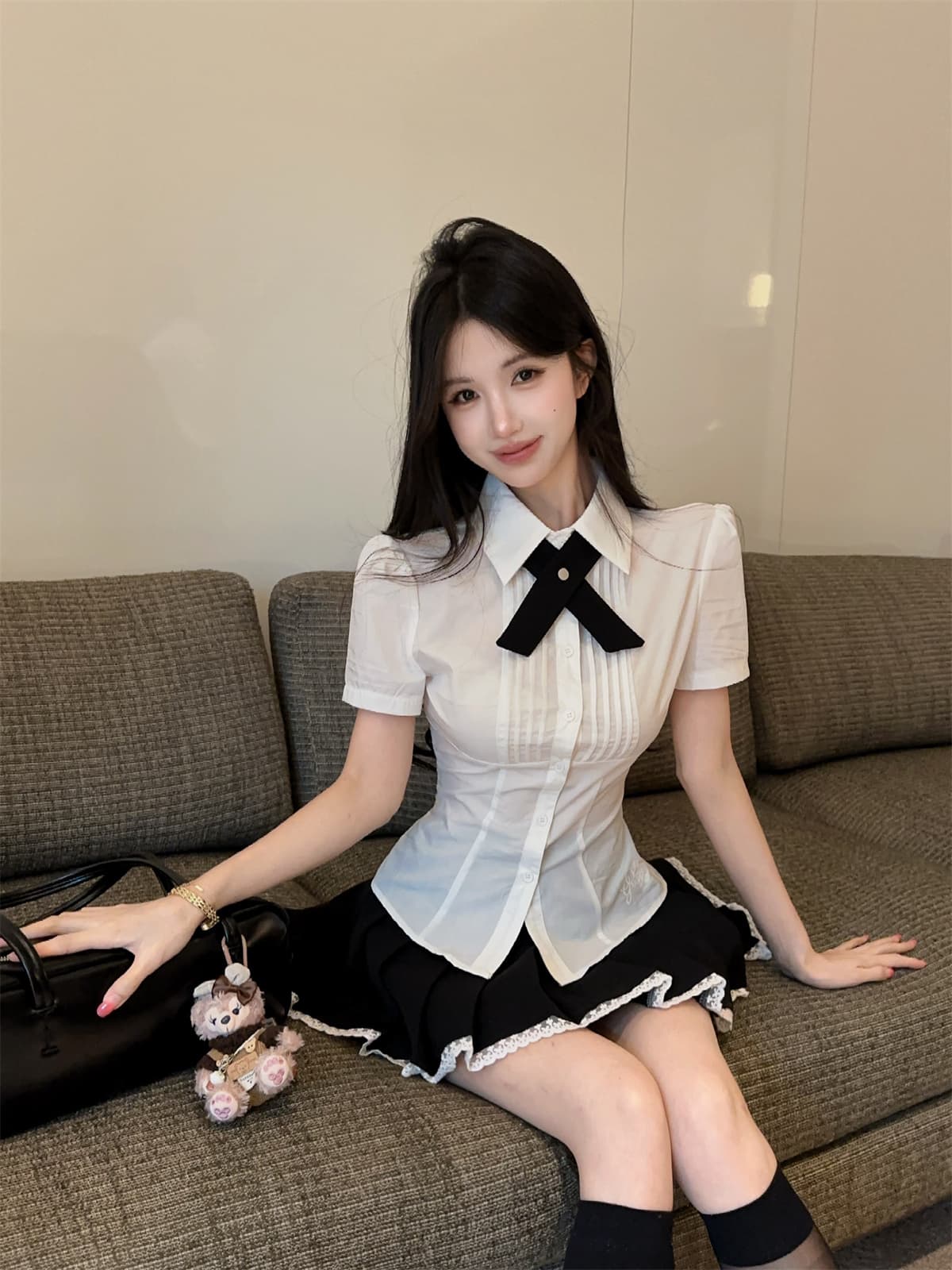 실사 정가 학원 스타일 jk 세트 순수한 욕망 몸매 가꾸기 나비 넥타이 반팔 셔츠 하이웨이스트 레이스 플리츠 스커트 유니폼 상세 이미지 6