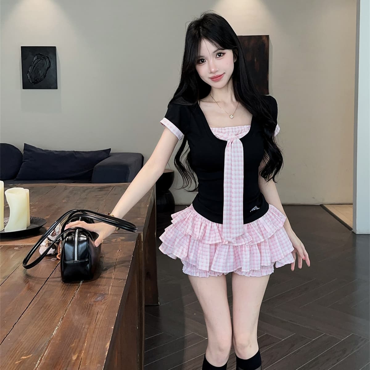 실사 정가 학원 스타일 유니폼 세트 핫걸 순수한 욕망 나비 매듭 티셔츠 맨위 핑크색 퍼프 케이크 미니 스커트 이미지 4