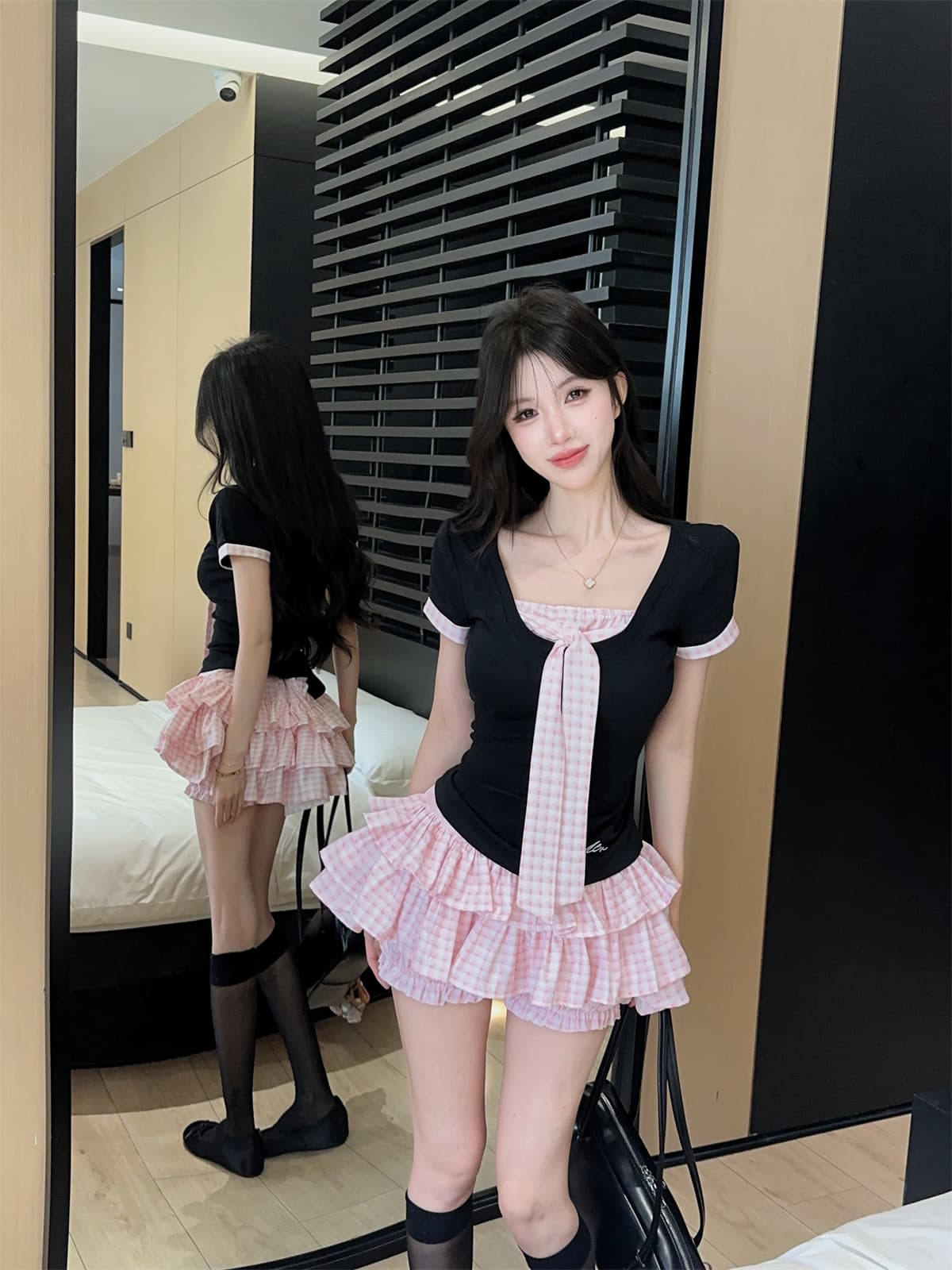 실사 정가 학원 스타일 유니폼 세트 핫걸 순수한 욕망 나비 매듭 티셔츠 맨위 핑크색 퍼프 케이크 미니 스커트 상세 이미지 1