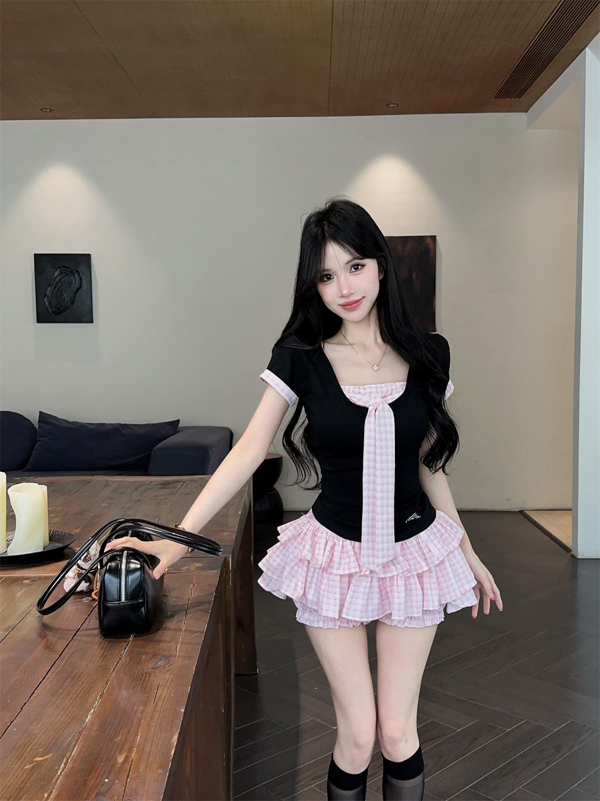 실사 정가 학원 스타일 유니폼 세트 핫걸 순수한 욕망 나비 매듭 티셔츠 맨위 핑크색 퍼프 케이크 미니 스커트 상세 이미지 2