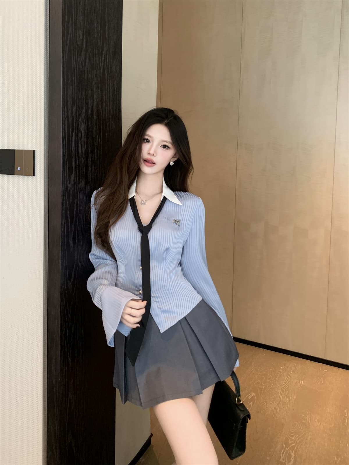 실사 정가 한 부서 학원 스타일 세트 순수한 욕망 허리 수축 몸매 가꾸기 긴팔 스트라이프 셔츠 하이웨이스트 반신 미니 스커트 상세 이미지 9