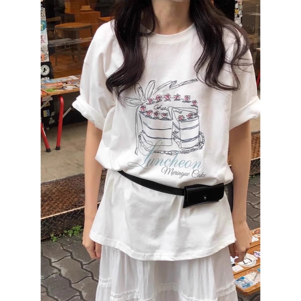 한 부서 순면 기본 셔츠 여름 새로운 느긋한 루즈핏 케이크 프린트 라운드 넥 반팔 빅 사이즈 여성 의류 티셔츠 상세 이미지 3