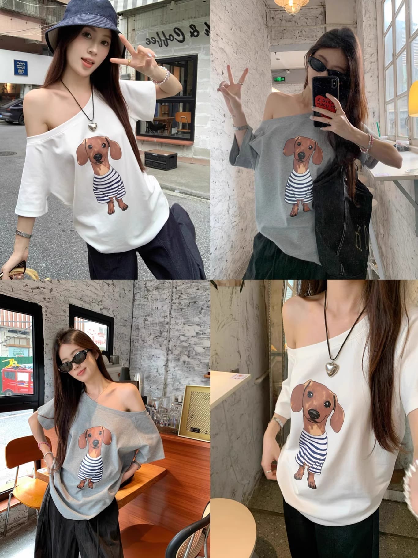 경관 그림 40 순면 220 그램 92 면 8 암모니아 Lun 비스듬한 칼라 오프숄더 오프숄더 반팔 티셔츠 여성 프린트 상세 이미지 2