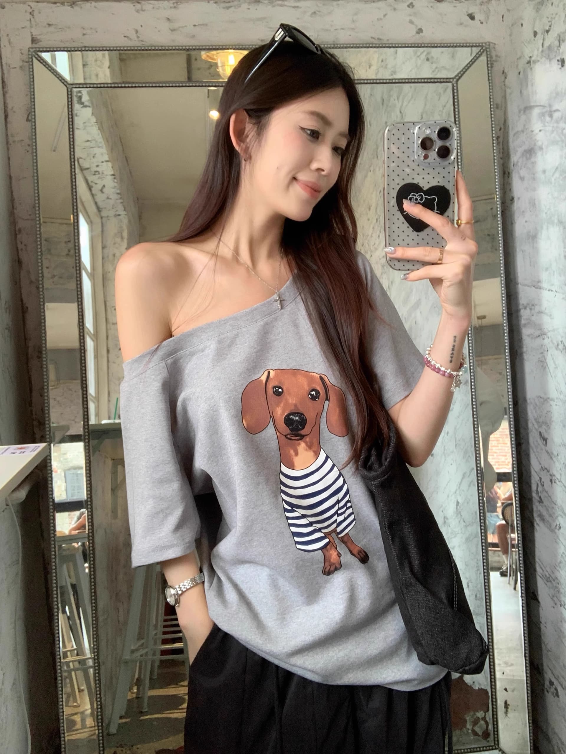 경관 그림 40 순면 220 그램 92 면 8 암모니아 Lun 비스듬한 칼라 오프숄더 오프숄더 반팔 티셔츠 여성 프린트 상세 이미지 5