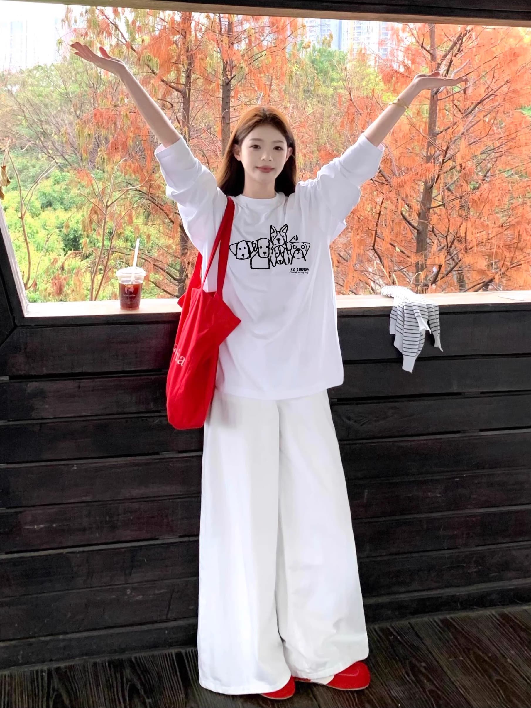 경관 그림 21 순면 210 그램 가을 의상 긴팔 티셔츠 여성 루즈핏 맨위 프린트 이미지 3
