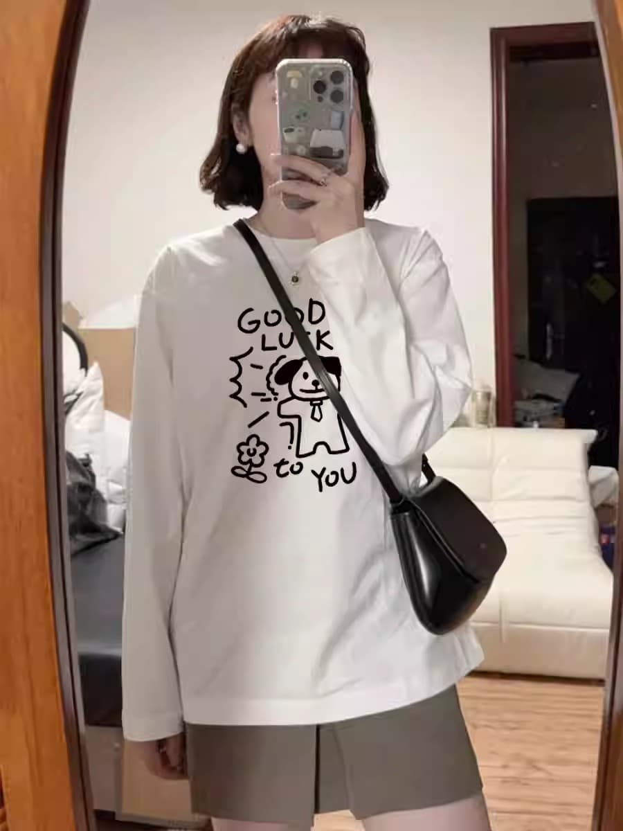 경관 그림 21 순면 210 그램 2026 년 가을 의상 새로운 다용도 긴팔 티셔츠 여성 루즈핏 맨위 프린트 이미지 3