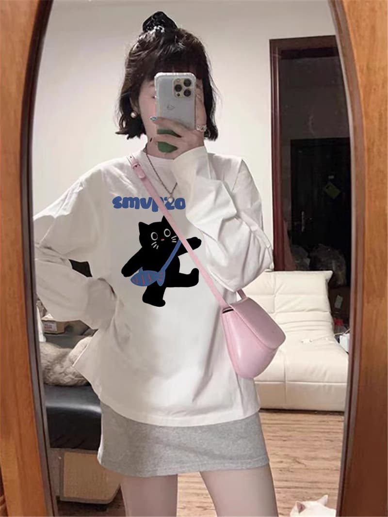 경관 그림 21 순면 210 그램 2026 년 가을 의상 새로운 다용도 긴팔 티셔츠 여성 루즈핏 맨위 프린트 상세 이미지 7
