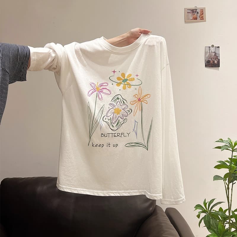 경관 그림 21 순면 210 그램 2026 년 가을 의상 새로운 다용도 긴팔 티셔츠 여성 루즈핏 맨위 프린트