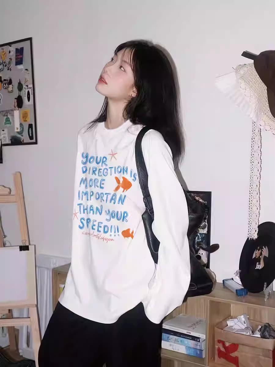 경관 그림 21 순면 210 그램 봄 드레스 긴팔 티셔츠 여성 루즈핏 맨위 프린트 이미지 4