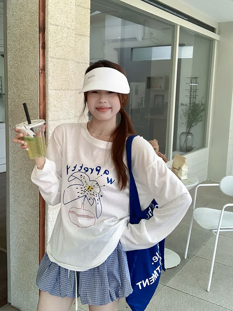 경관 그림 21 순면 210 그램 가을 의상 긴팔 티셔츠 여성 루즈핏 맨위 프린트