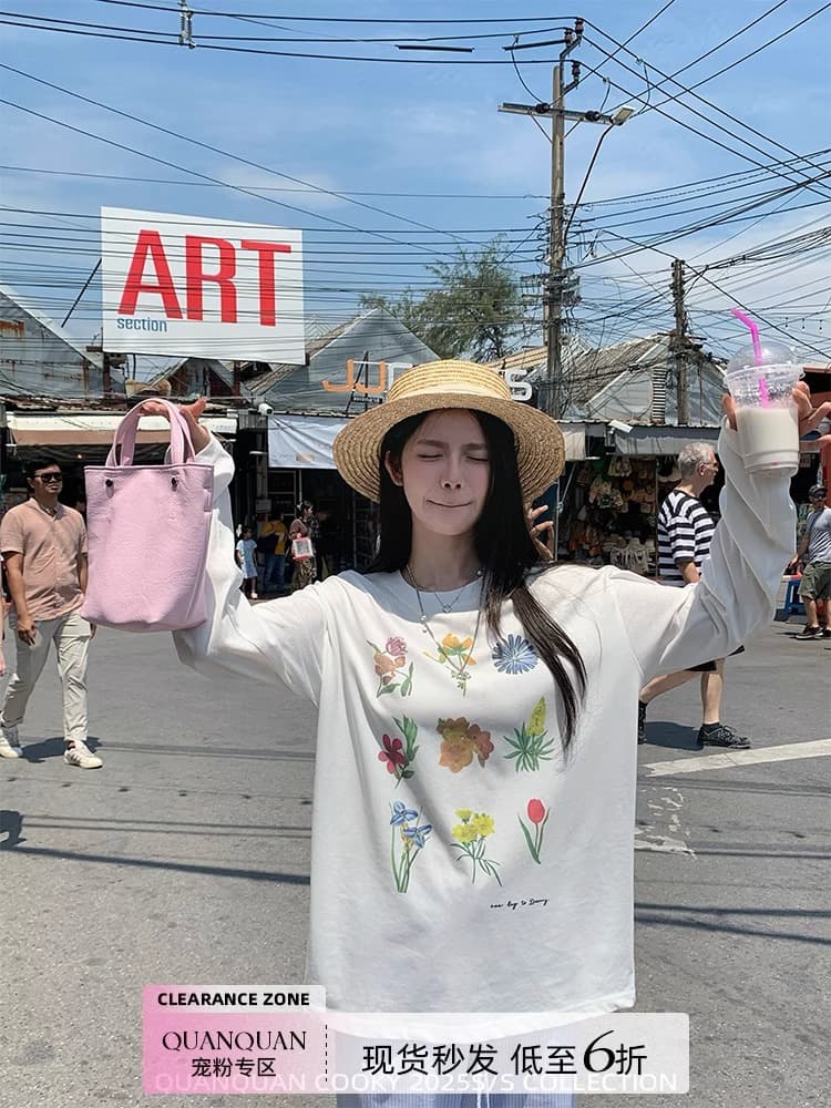 경관 그림 21 순면 210 그램 가을 의상 긴팔 티셔츠 여성 루즈핏 맨위 프린트 상세 이미지 3