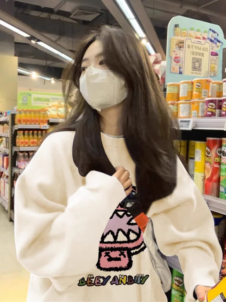 모방 Mianhua 면 복합 얇은 스타일 310g 털이 있는 400g 라운드 넥 후드티 여성 프린트 국경 간 이미지 3