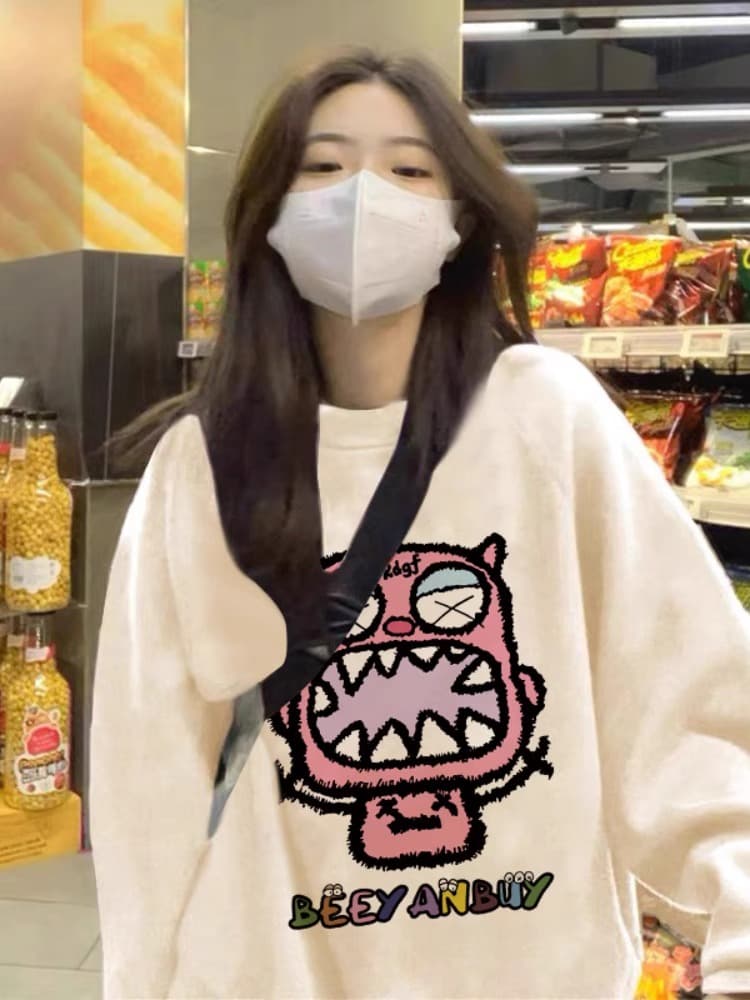 모방 Mianhua 면 복합 얇은 스타일 310g 털이 있는 400g 라운드 넥 후드티 여성 프린트 국경 간 상세 이미지 2