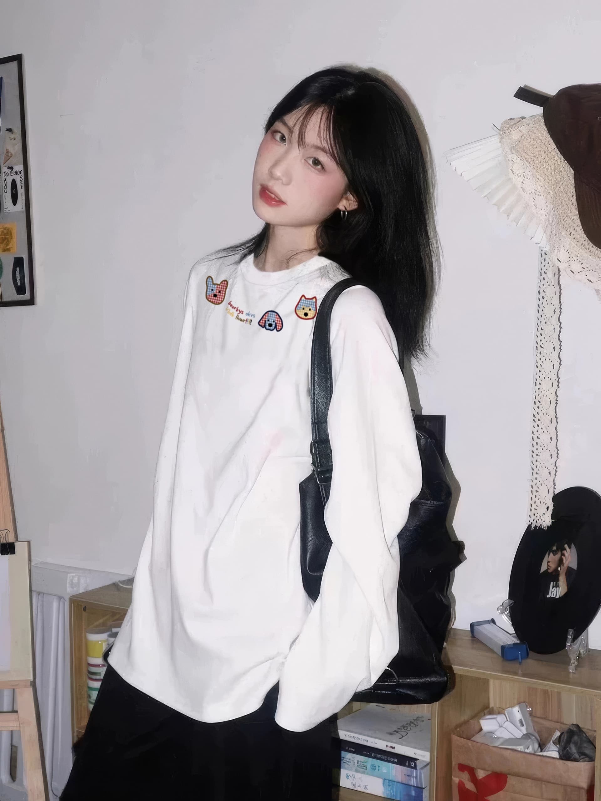 경관 그림 21 순면 210 그램 가을 의상 긴팔 티셔츠 여성 루즈핏 맨위 프린트 상세 이미지 3