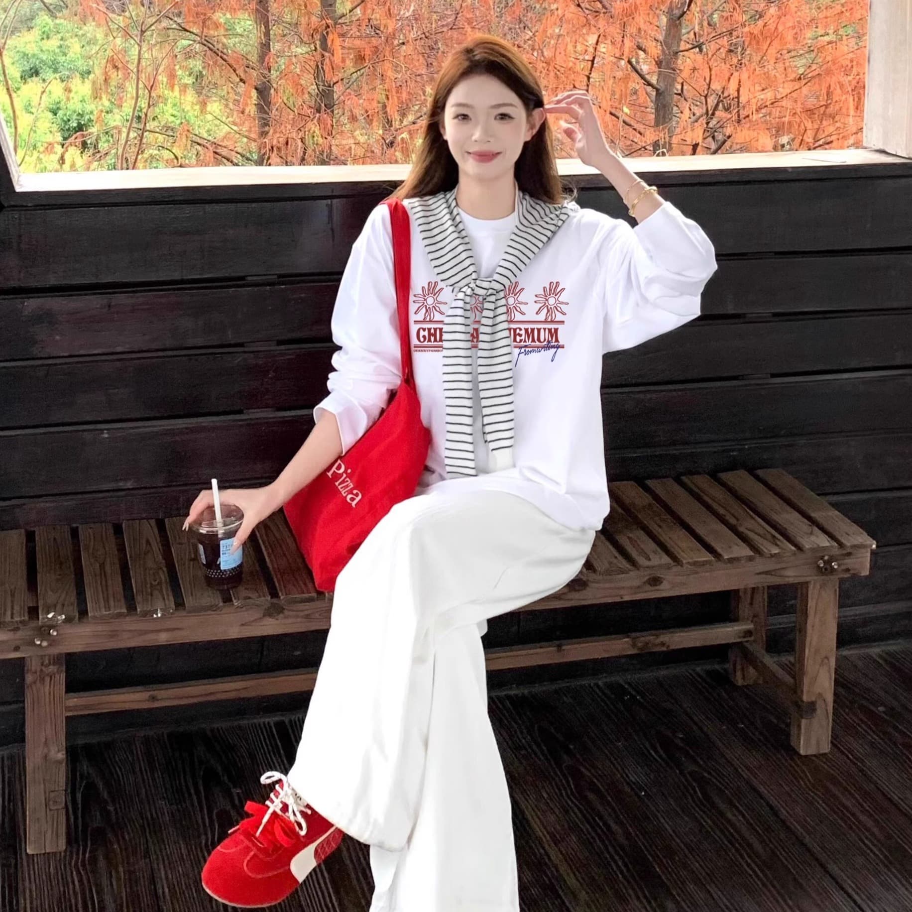 경관 그림 21 순면 210 그램 2026 년 가을 의상 새로운 다용도 긴팔 티셔츠 여성 루즈핏 맨위 프린트 이미지 5