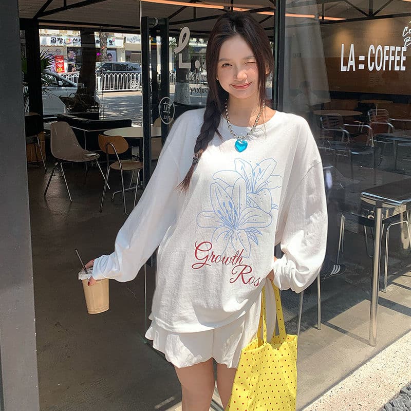 경관 그림 21 순면 210 그램 봄 드레스 긴팔 티셔츠 여성 루즈핏 맨위 프린트 상세 이미지 3