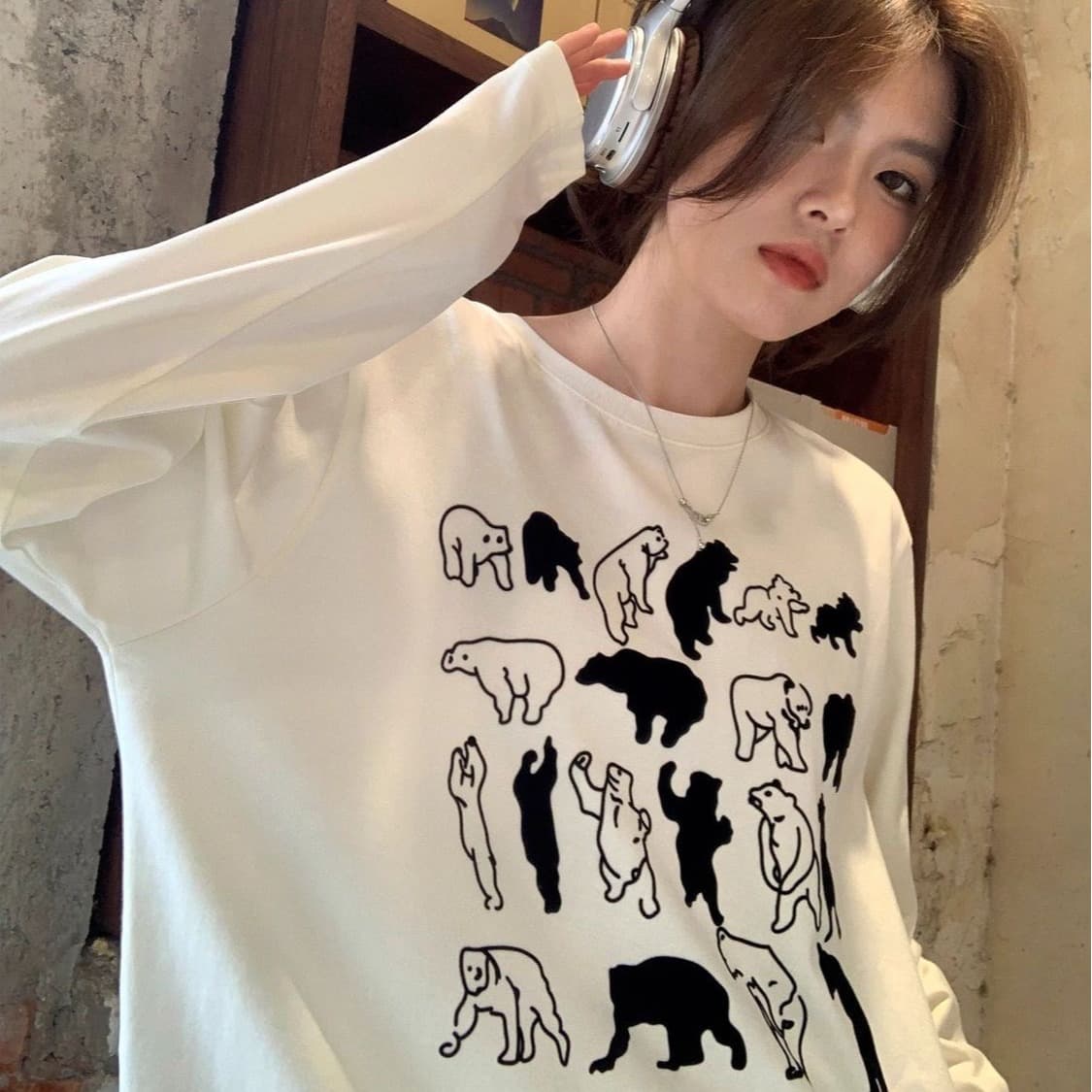 경관 그림 21 순면 210 그램 봄 드레스 긴팔 티셔츠 여성 루즈핏 맨위 프린트 이미지 5