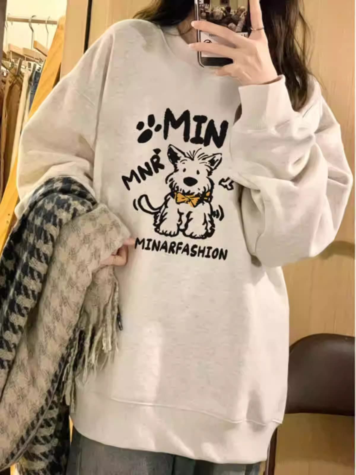 경관 그림 모방 Mianhua 면 복합 얇은 스타일 310g 털이 있는 400g 라운드 넥 후드티 여성 프린트 국경 간 이미지 3