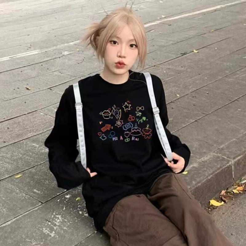 경관 그림 21 순면 210 그램 가을 의상 긴팔 티셔츠 여성 루즈핏 맨위 프린트 이미지 5