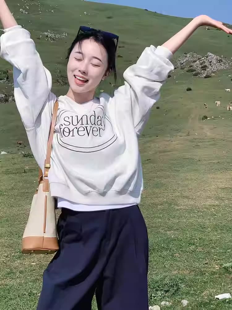 경관 그림 정가 모방 Mianhua 면 복합 얇은 스타일 310g 털이 있는 400g 라운드 넥 후드티 여성 프린트 국경 간 이미지 3