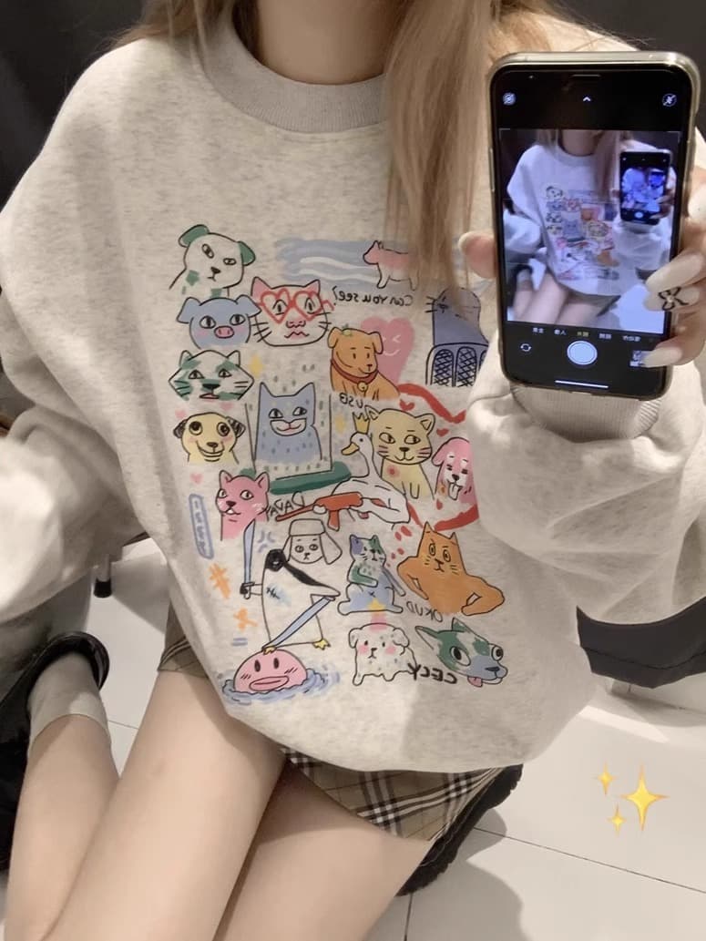 경관 그림 정가 모방 Mianhua 면 복합 얇은 스타일 310g 털이 있는 400g 라운드 넥 후드티 여성 프린트 국경 간 이미지 4
